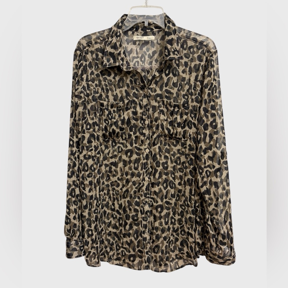 Old Navy Animal Print Sheer Button Down Shirt Women's Size XL Roll Tabs Preppy